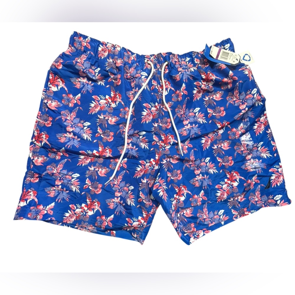 NAUTICA eco friendly blue tropical hybiscus pattern swim trunks shorts XXL NWT